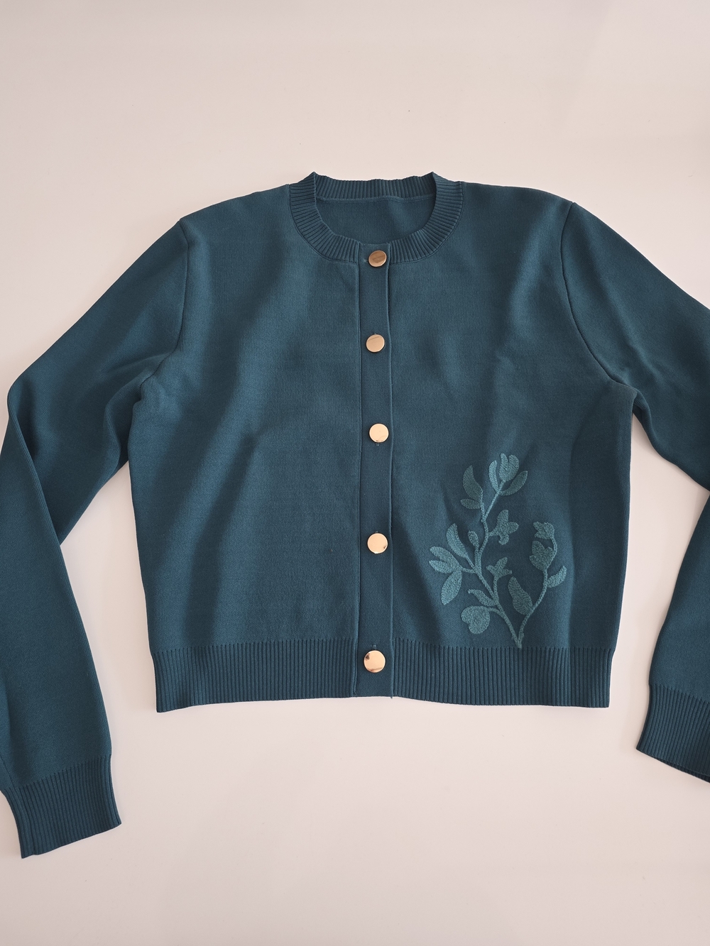 SAMPLE PIECE Teal Floral Embroidered Crewneck Cardigan Sweater